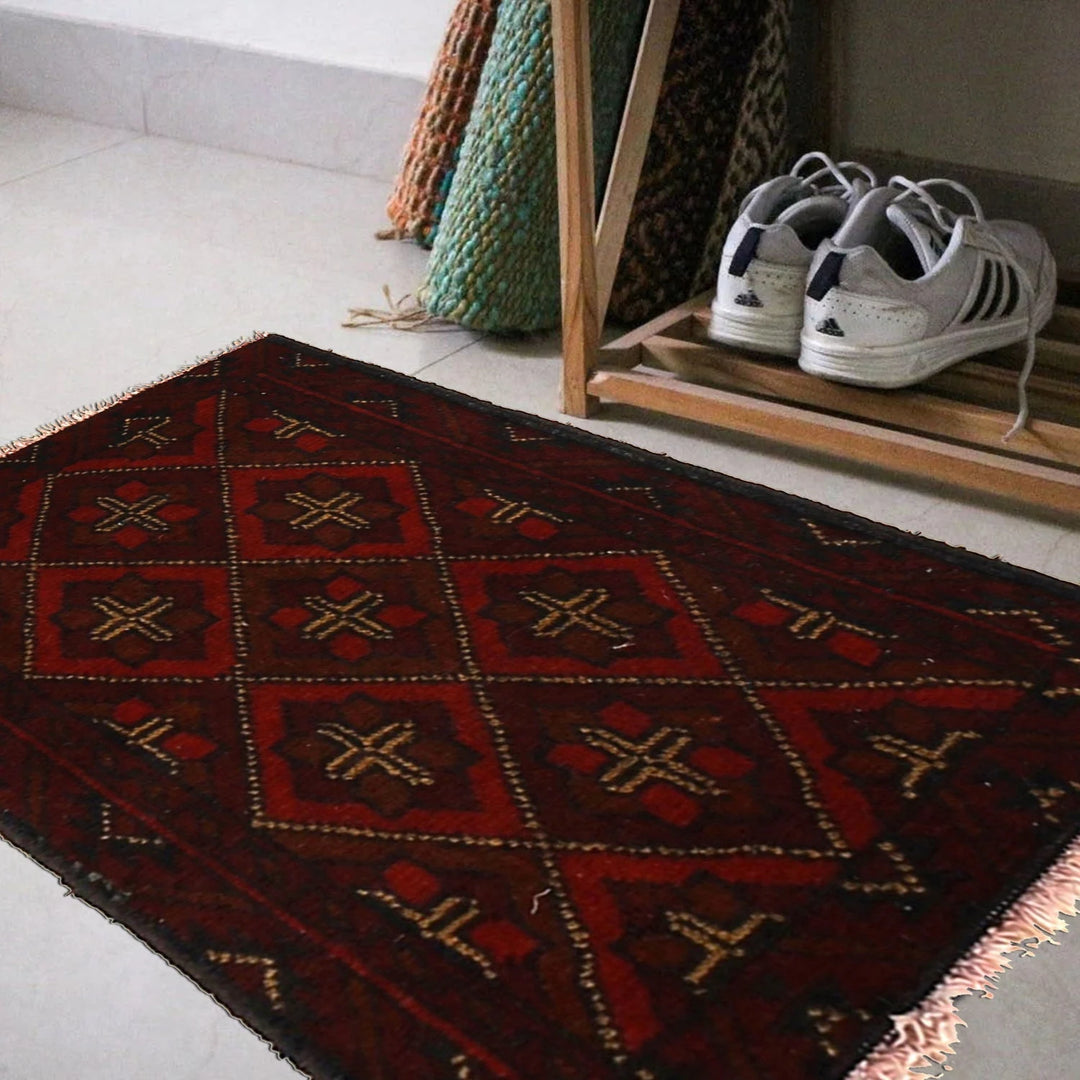 Red Afghan Oriental Doormat 1' 4" x 2' 1" Hand-Knotted | No. AL69844