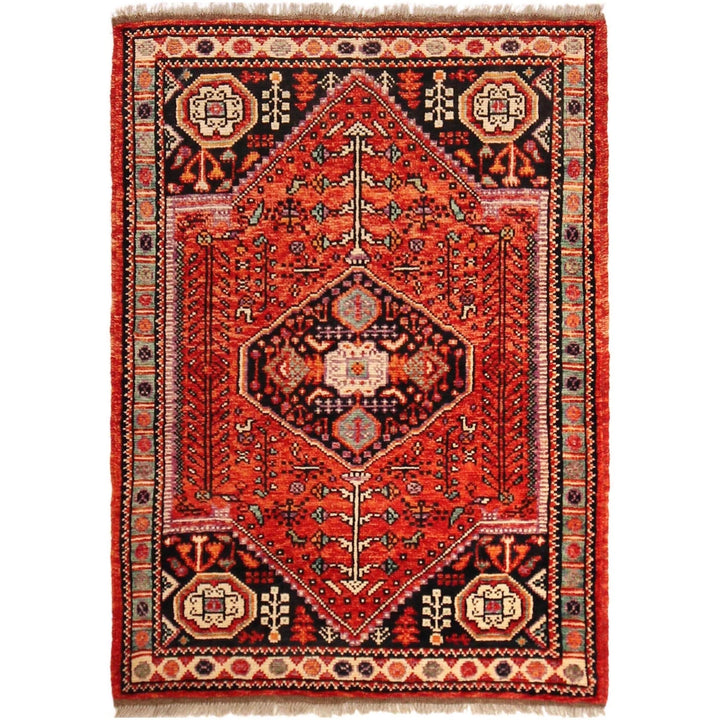 Red Afghan Shiraz Rug 3' 5" x 4' 9" Hand-Knotted | No. AL70005