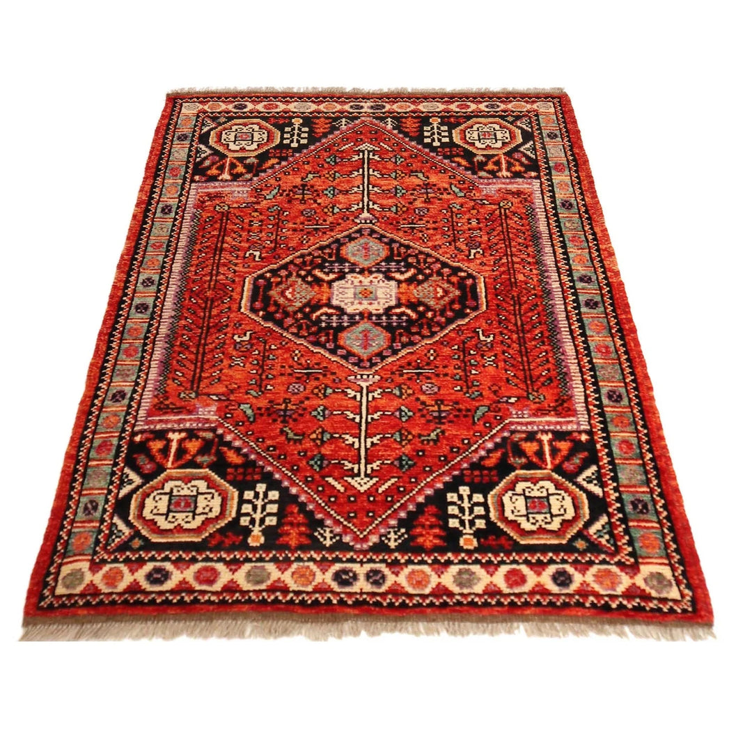 Red Afghan Shiraz Rug 3' 5" x 4' 9" Hand-Knotted | No. AL70005