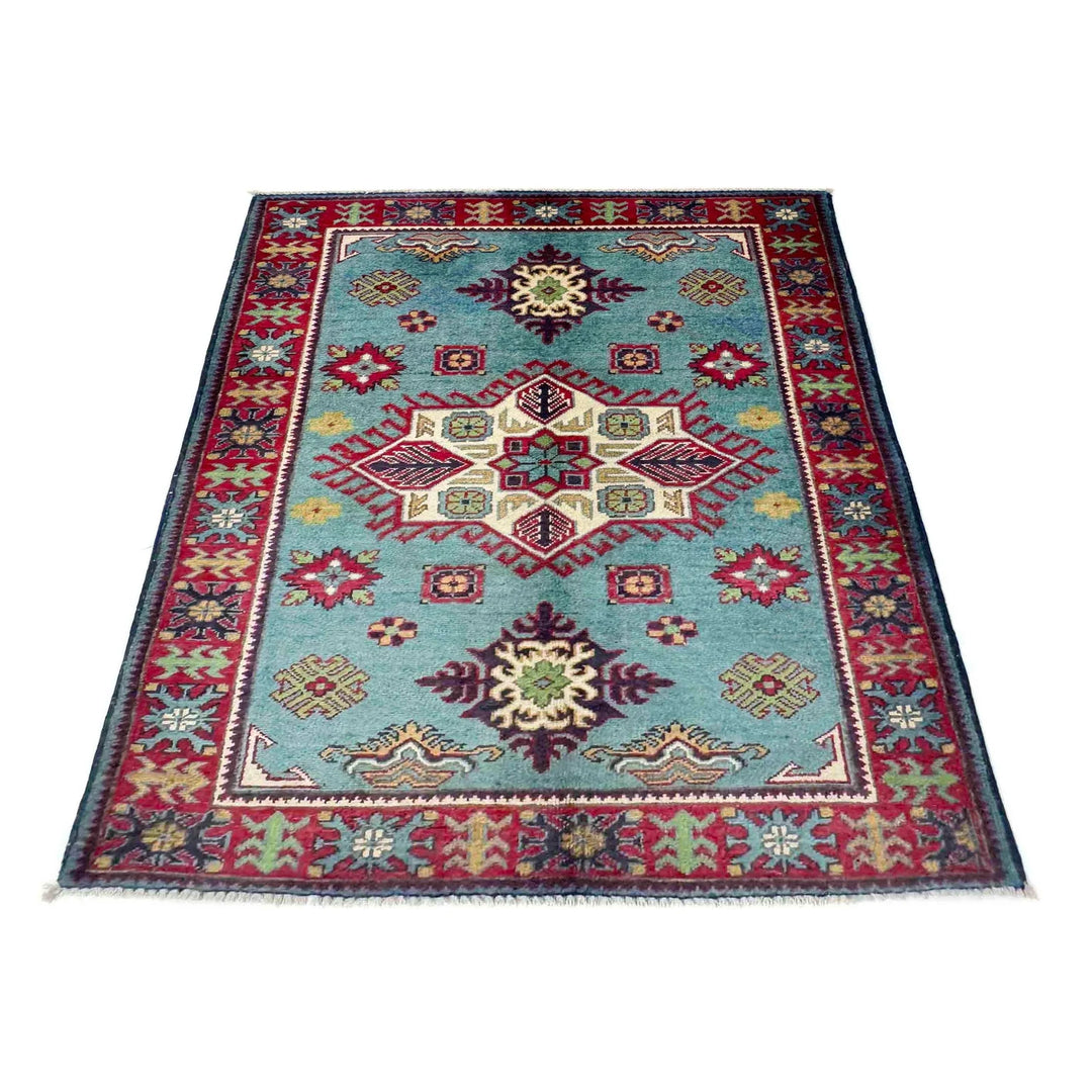 Blue Afghan Kazak Rug 3' 2" x 4' 8" Hand-Knotted | No. AL70027