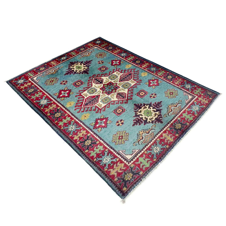 Blue Afghan Kazak Rug 3' 2" x 4' 8" Hand-Knotted | No. AL70027