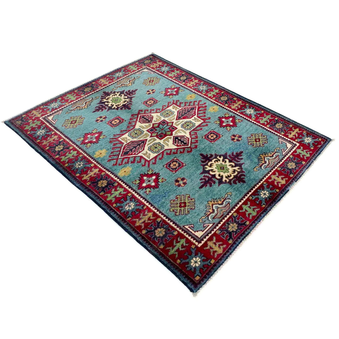 Blue Afghan Kazak Rug 3' 2" x 4' 8" Hand-Knotted | No. AL70027