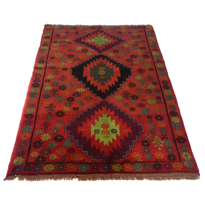 Red Afghan Baluchi Rug 3' 11" x 6' 2" Hand-Knotted | No. AL70228