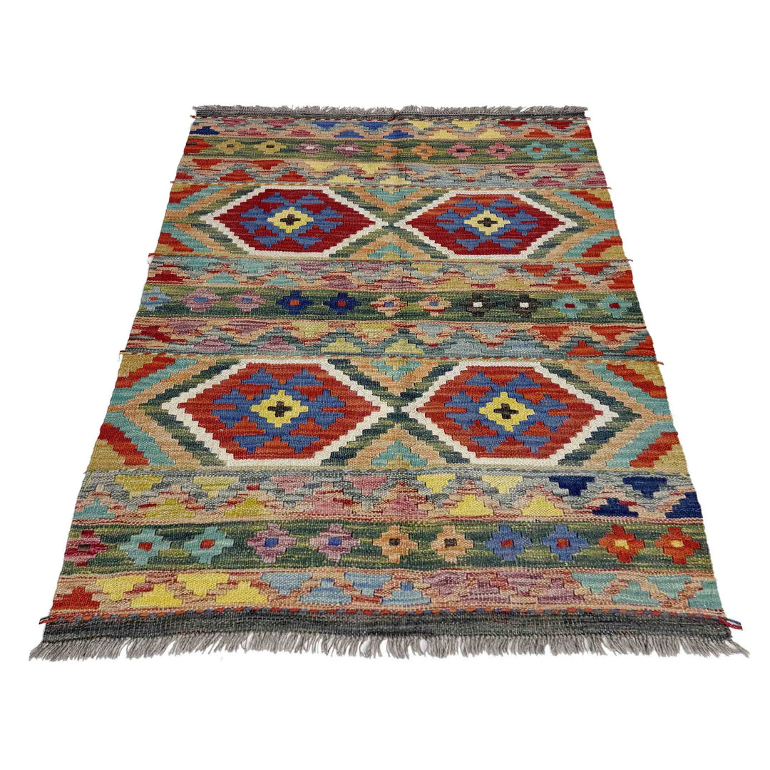 Multicolor Afghan Vegetable Kilim Rug 3'4" x 4'10" Flat-Weave | No. AL703464