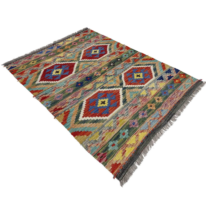 Multicolor Afghan Vegetable Kilim Rug 3'4" x 4'10" Flat-Weave | No. AL703464