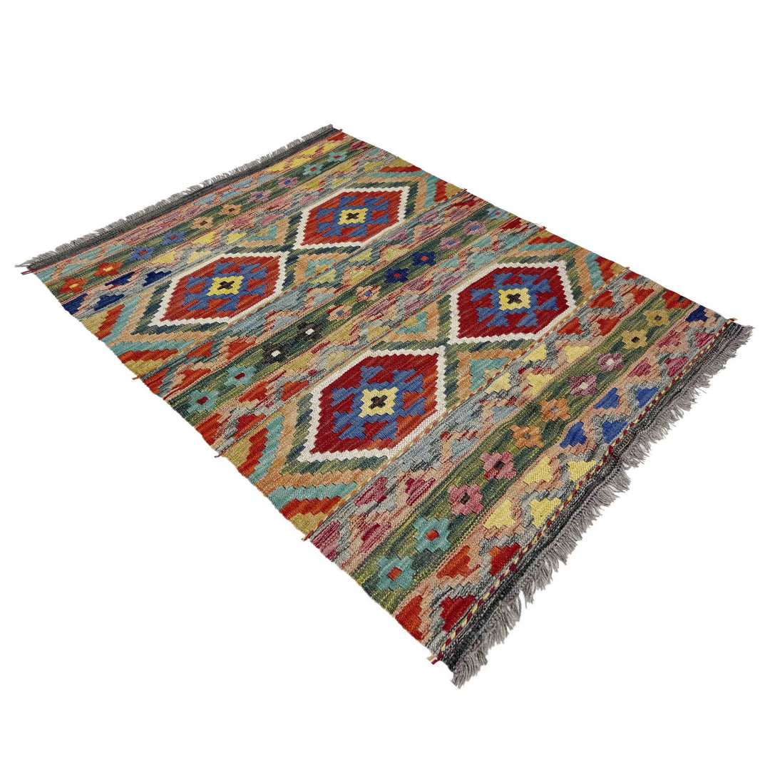 Multicolor Afghan Vegetable Kilim Rug 3'4" x 4'10" Flat-Weave | No. AL703464