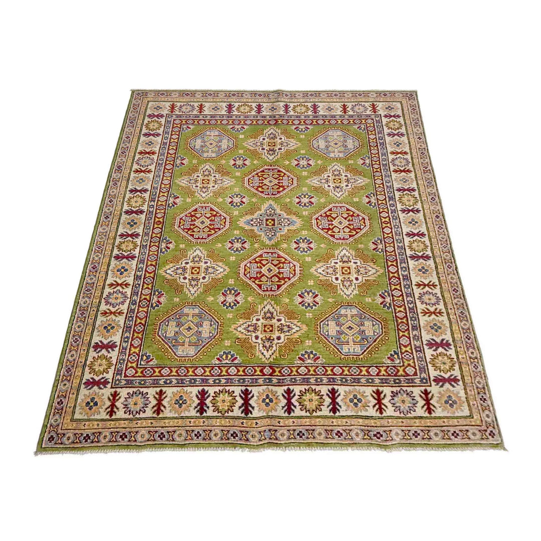 Green Afghan Kazak Rug 5' 1" x 6' 10" Hand-Knotted | No. AL70368