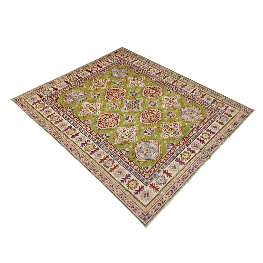 Green Afghan Kazak Rug 5' 1" x 6' 10" Hand-Knotted | No. AL70368