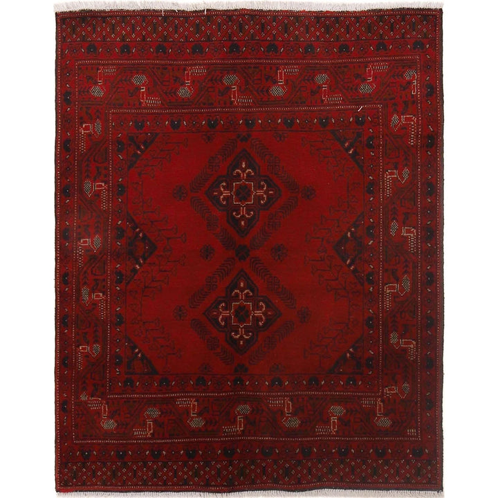 Red Afghan Khal Mohammadi Rug 3'7" x 4'6" Hand-Knotted | No. AL70473