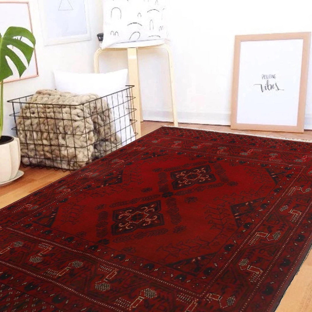 Red Afghan Khal Mohammadi Rug 3'7" x 4'6" Hand-Knotted | No. AL70473