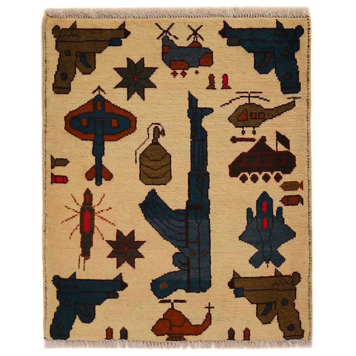 Beige Afghan War Rug 2' 0" x 2' 7" Hand-Knotted | No. AL70534