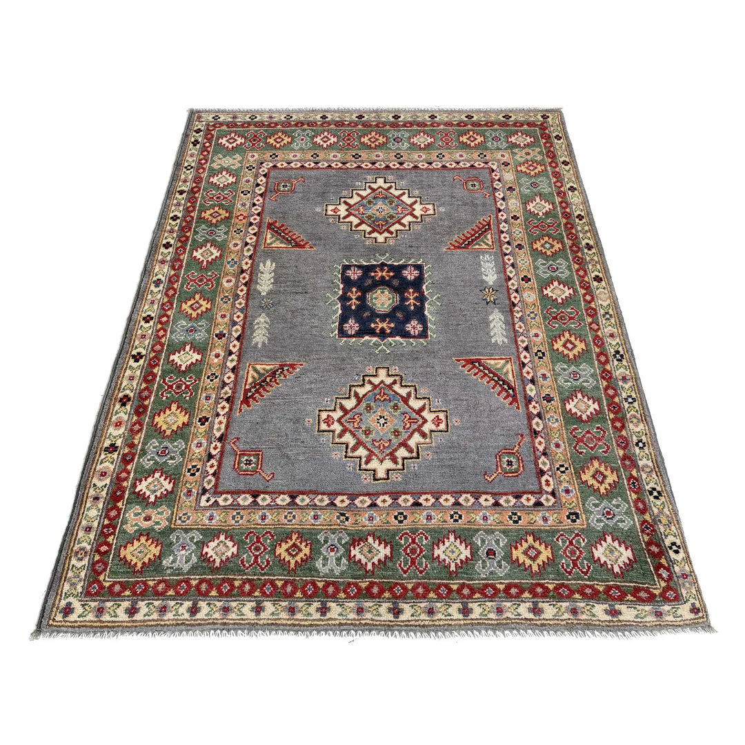 Gray Afghan Kazak Rug 3' 3" x 4' 11" Hand-Knotted | No. AL70638