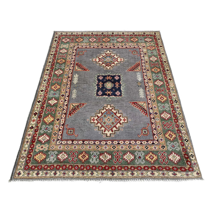 Gray Afghan Kazak Rug 3' 3" x 4' 11" Hand-Knotted | No. AL70638
