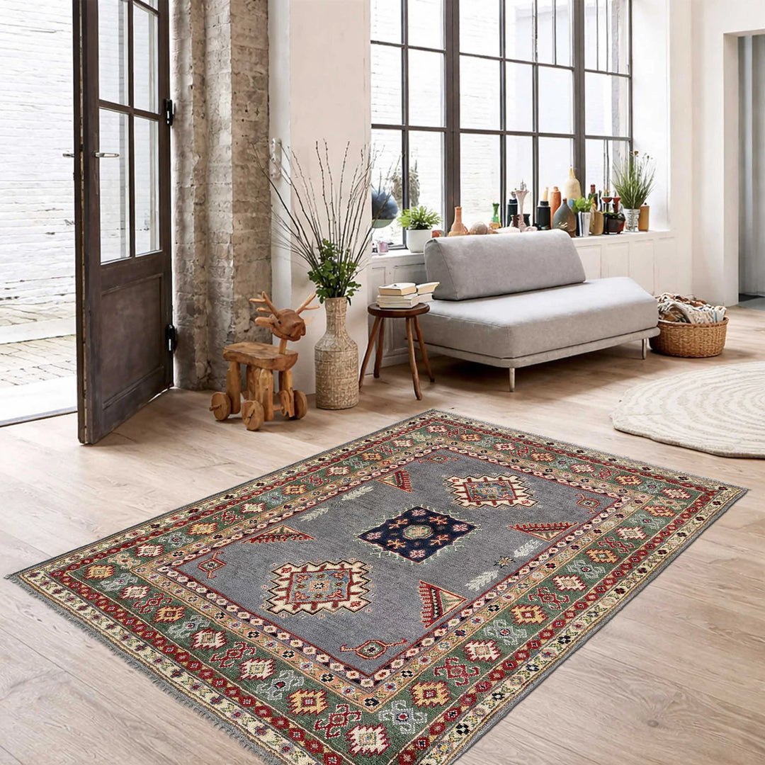 Gray Afghan Kazak Rug 3' 3" x 4' 11" Hand-Knotted | No. AL70638