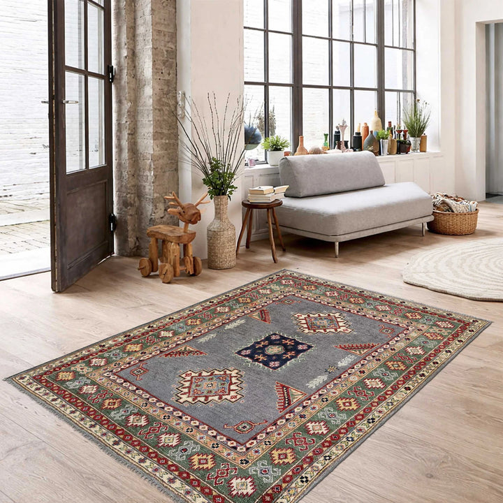 Gray Afghan Kazak Rug 3' 3" x 4' 11" Hand-Knotted | No. AL70638