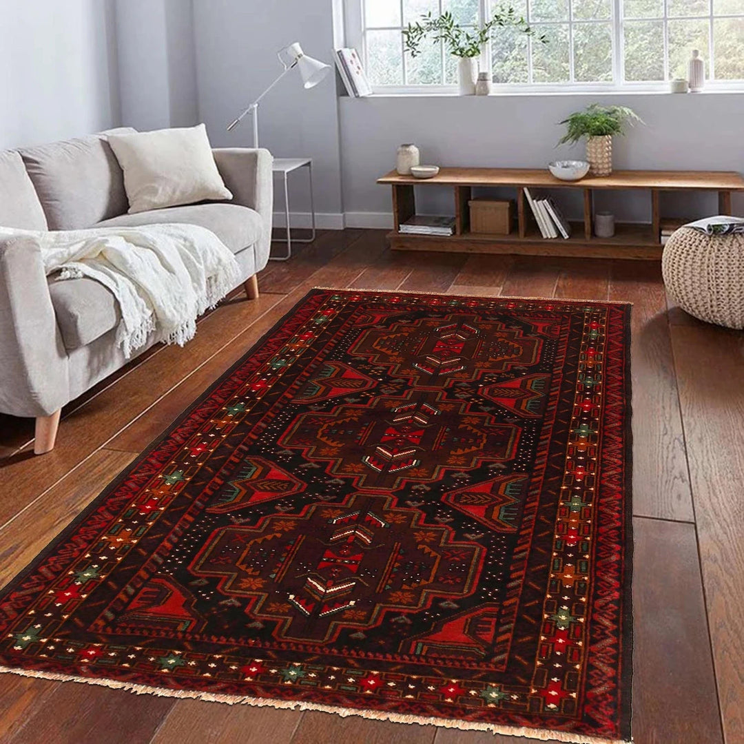 Red Afghan Baluchi Rug 3' 9" x 6' 2" Hand-Knotted | No. AL70689