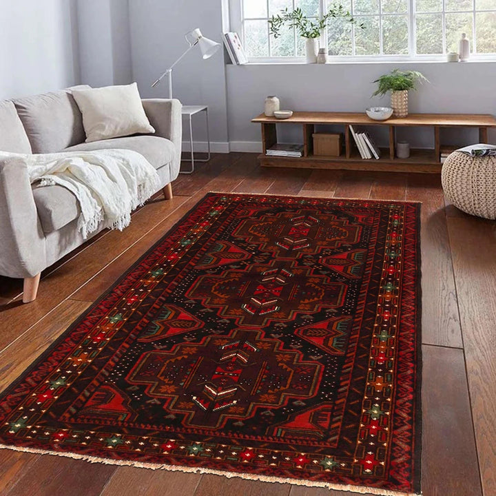 Red Afghan Baluchi Rug 3' 9" x 6' 2" Hand-Knotted | No. AL70689