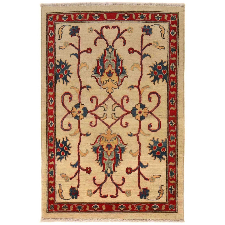 Beige Afghan Kazak Rug 2' 7" x 3' 11" Hand-Knotted | No. AL70754