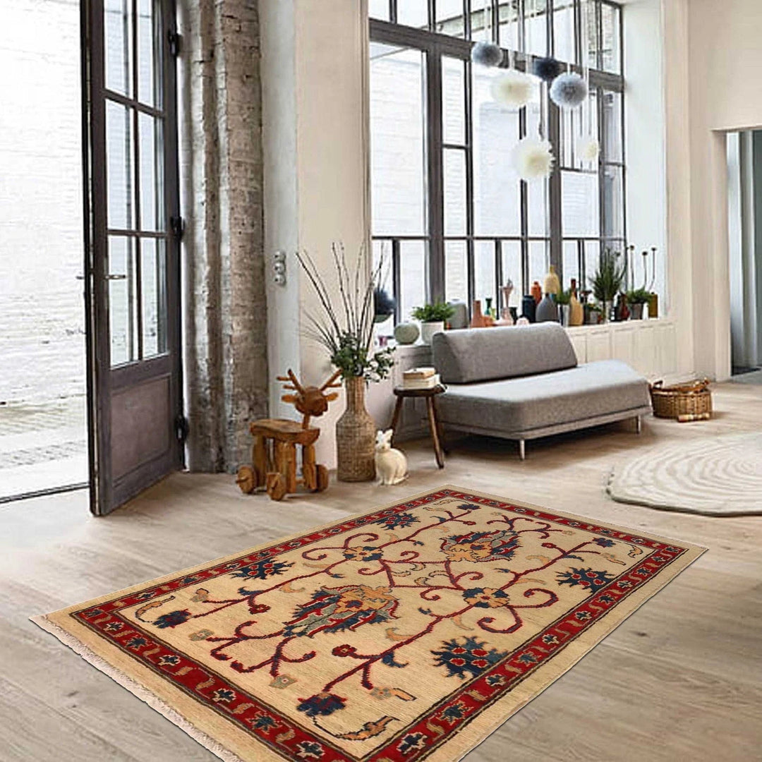 Beige Afghan Kazak Rug 2' 7" x 3' 11" Hand-Knotted | No. AL70754