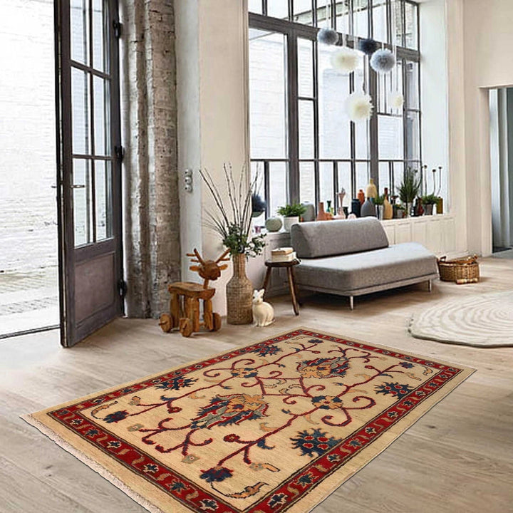 Beige Afghan Kazak Rug 2' 7" x 3' 11" Hand-Knotted | No. AL70754