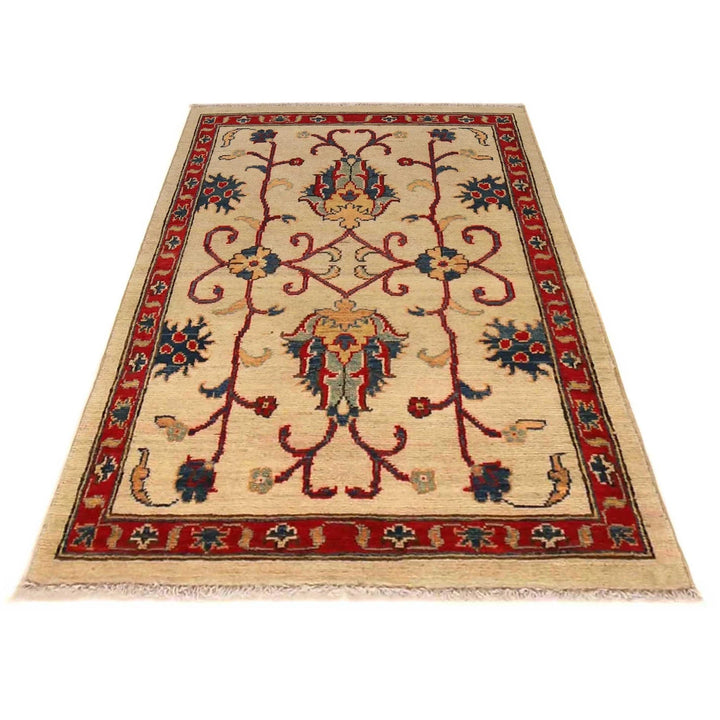 Beige Afghan Kazak Rug 2' 7" x 3' 11" Hand-Knotted | No. AL70754