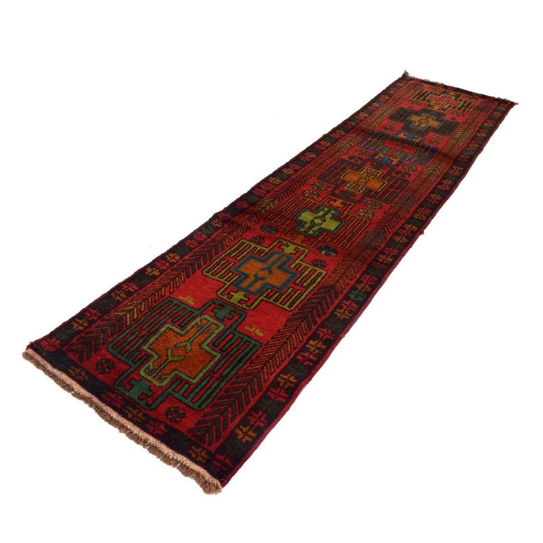 Red Afghan Baluchi Rug 2' 7" x 10' 1" Hand-Knotted | No. AL70920
