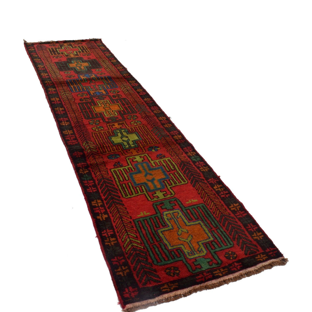 Red Afghan Baluchi Rug 2' 7" x 10' 1" Hand-Knotted | No. AL70920