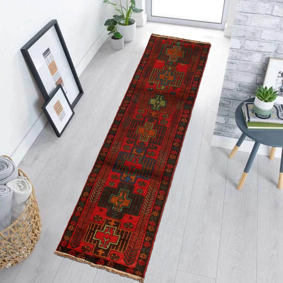 Red Afghan Baluchi Rug 2' 7" x 10' 1" Hand-Knotted | No. AL70920