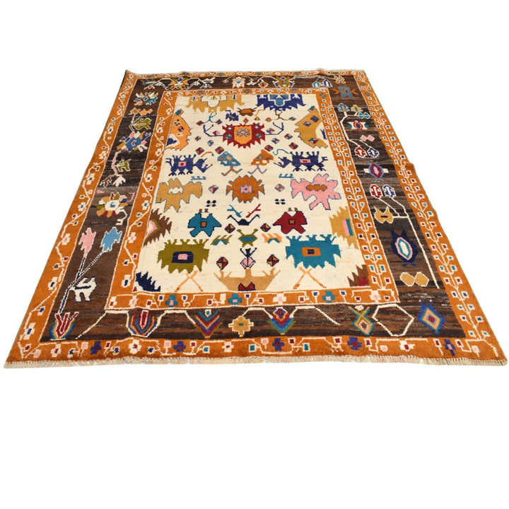 Beige Afghan Oushak Rug 5'6" x 7'5" Hand-Knotted | No. AL70969