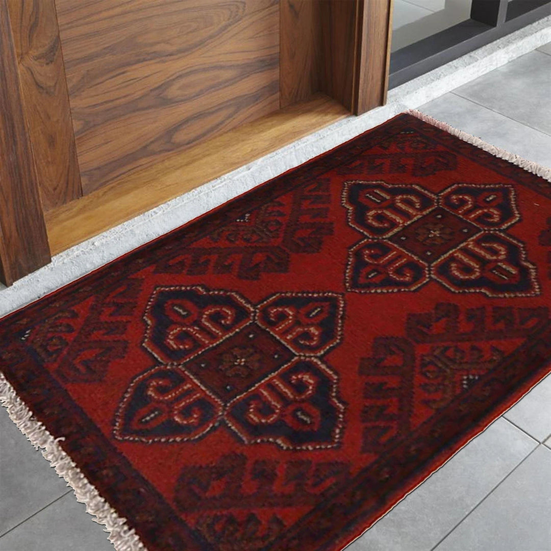 Red Afghan Oriental Doormat 1' 4" x 1' 11" Hand-Knotted | No. AL71128
