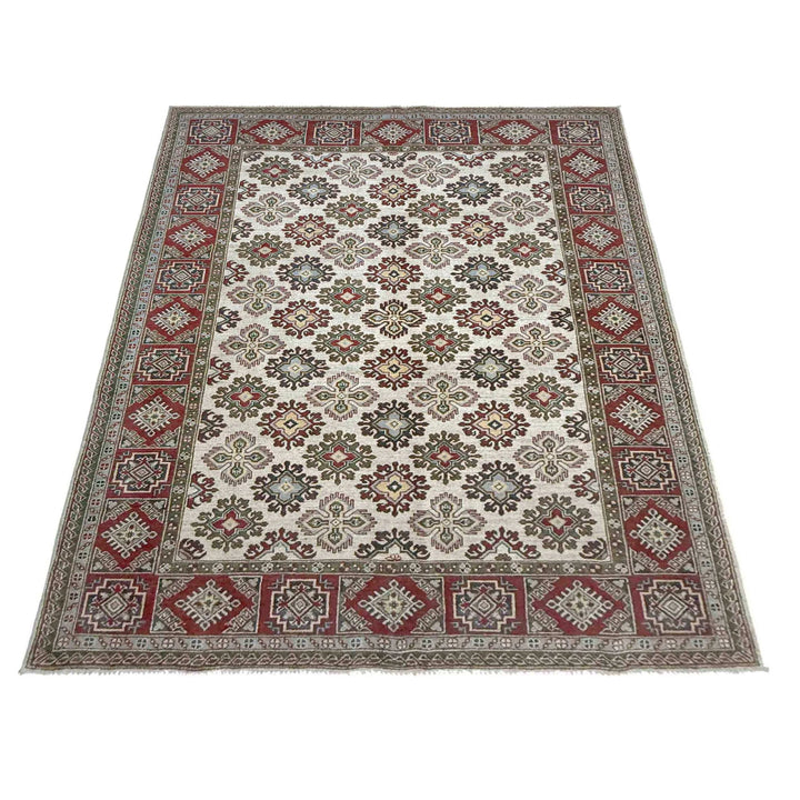 Beige Afghan Kazak Rug 6' 0" x 9' 1" Hand-Knotted | No. AL71190