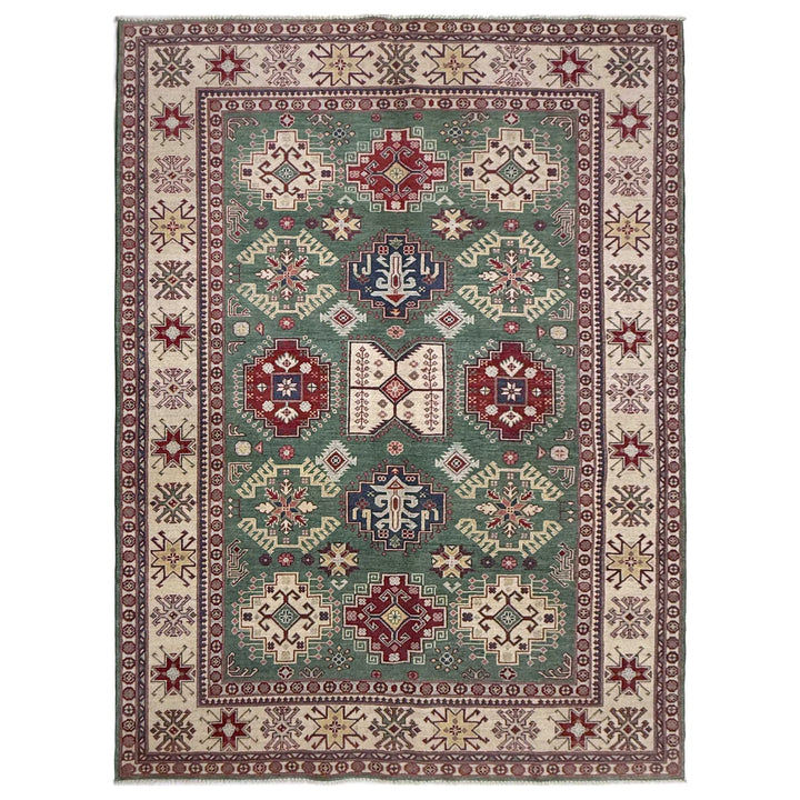 Green Afghan Kazak Rug 5' 9" x 9' 4" Hand-Knotted | No. AL71266