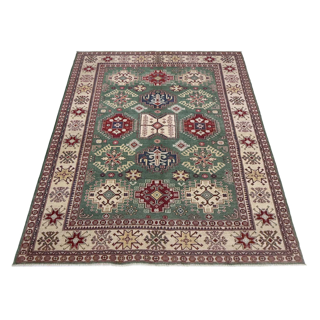 Green Afghan Kazak Rug 5' 9" x 9' 4" Hand-Knotted | No. AL71266