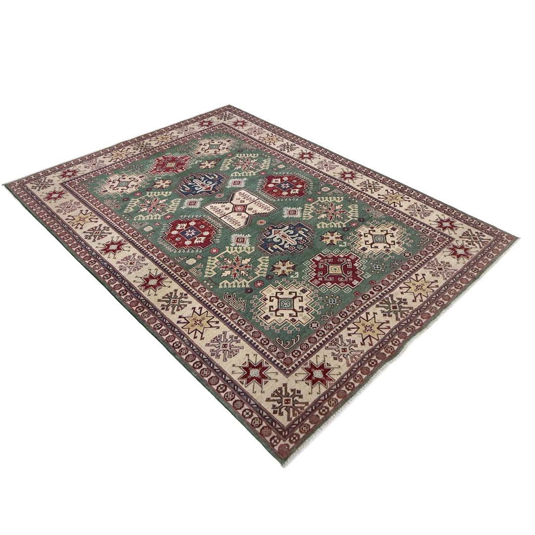 Green Afghan Kazak Rug 5' 9" x 9' 4" Hand-Knotted | No. AL71266