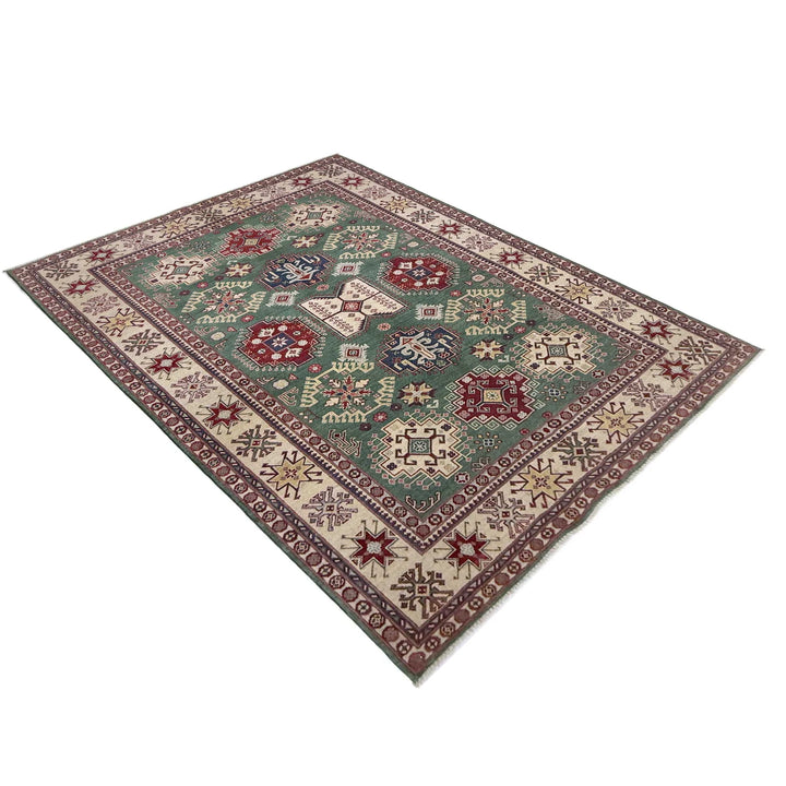 Green Afghan Kazak Rug 5' 9" x 9' 4" Hand-Knotted | No. AL71266