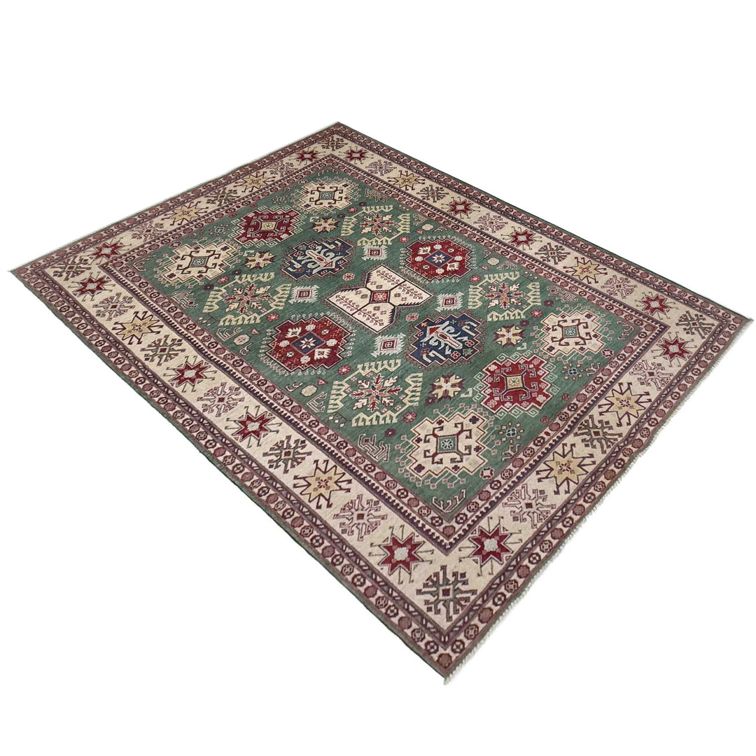 Green Afghan Kazak Rug 5' 9" x 9' 4" Hand-Knotted | No. AL71266