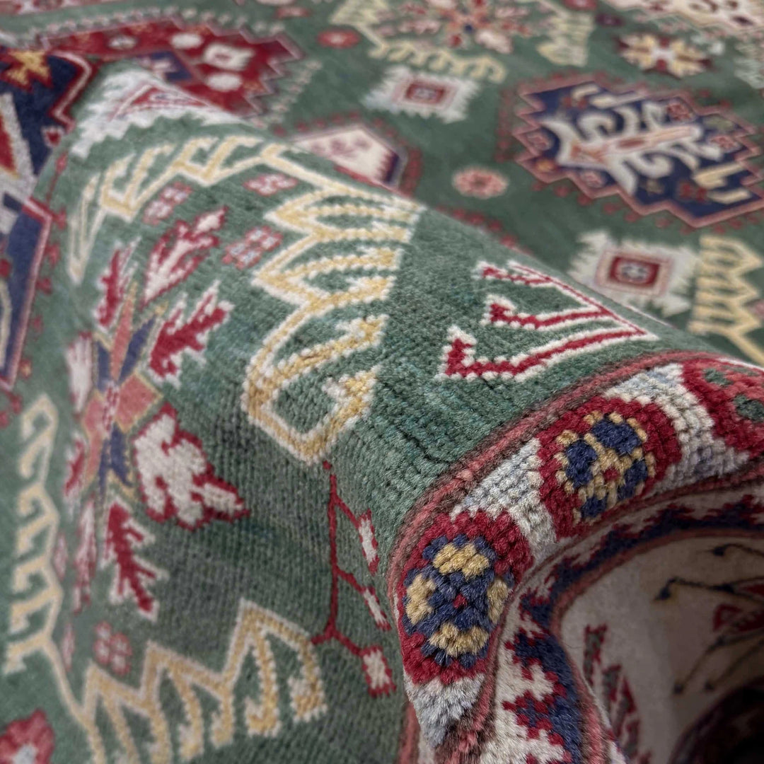 Green Afghan Kazak Rug 5' 9" x 9' 4" Hand-Knotted | No. AL71266