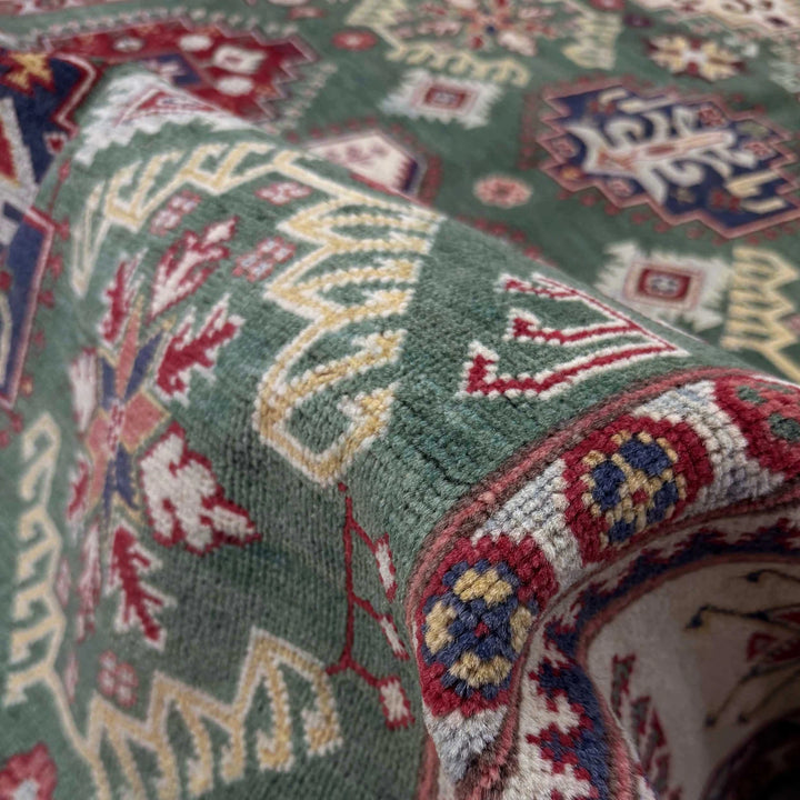 Green Afghan Kazak Rug 5' 9" x 9' 4" Hand-Knotted | No. AL71266