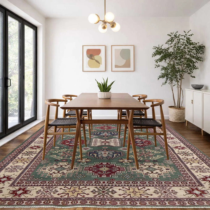 Green Afghan Kazak Rug 5' 9" x 9' 4" Hand-Knotted | No. AL71266