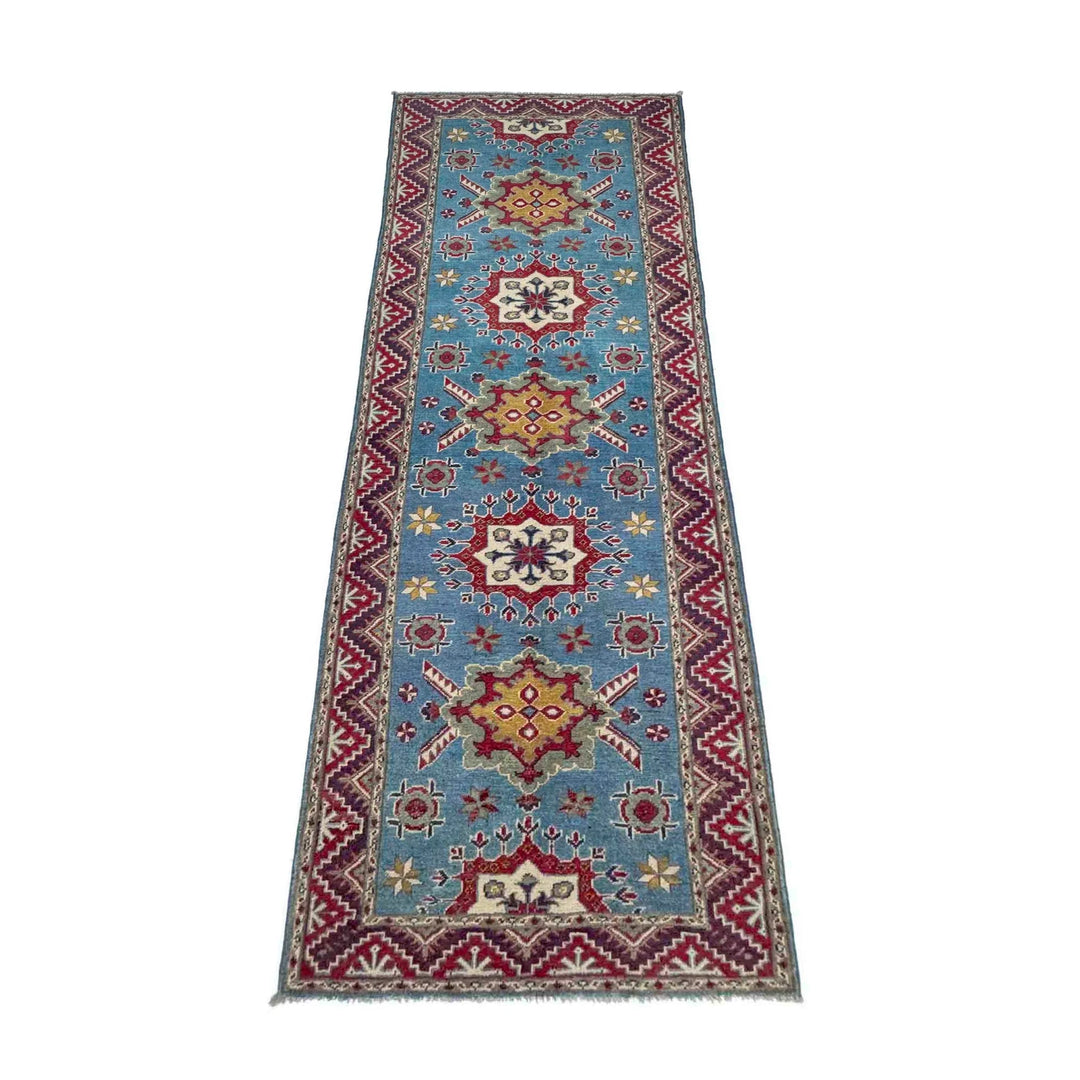 Blue Afghan Kazak Rug 3' 1" x 9' 6" Hand-Knotted | No. AL71438