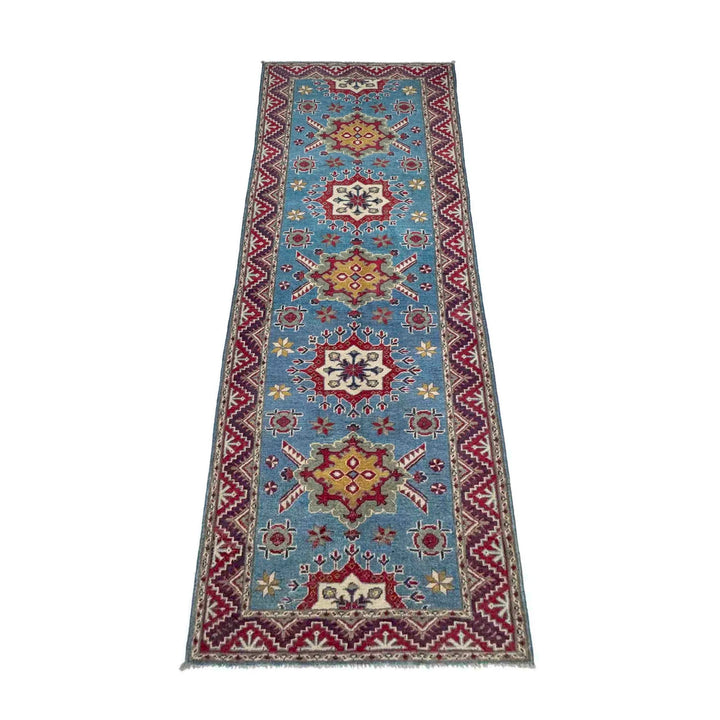 Blue Afghan Kazak Rug 3' 1" x 9' 6" Hand-Knotted | No. AL71438