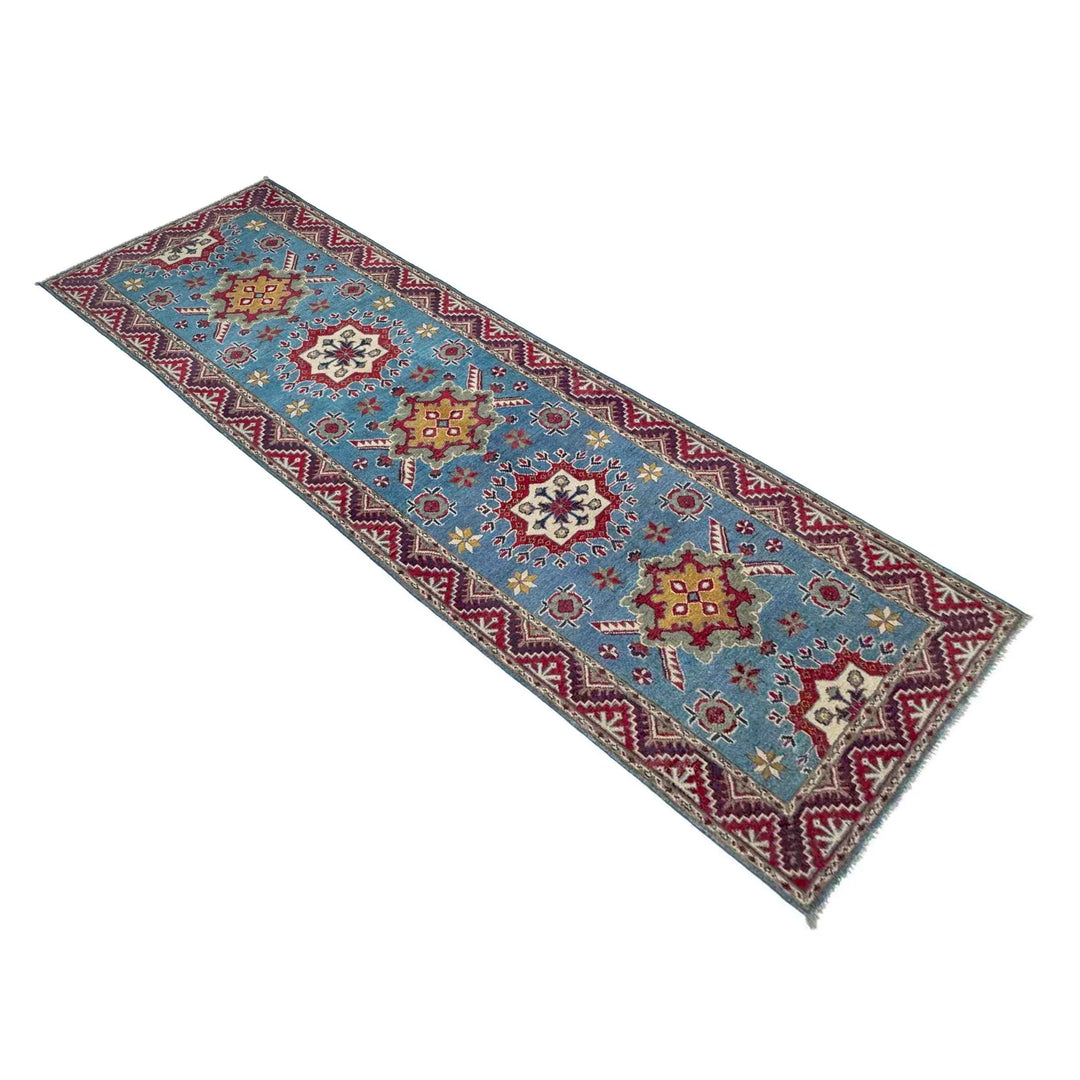 Blue Afghan Kazak Rug 3' 1" x 9' 6" Hand-Knotted | No. AL71438