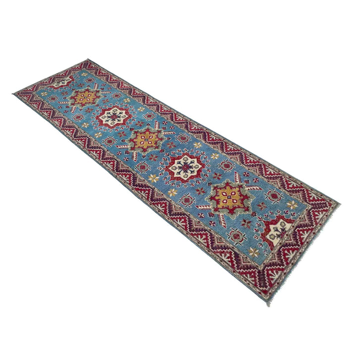 Blue Afghan Kazak Rug 3' 1" x 9' 6" Hand-Knotted | No. AL71438