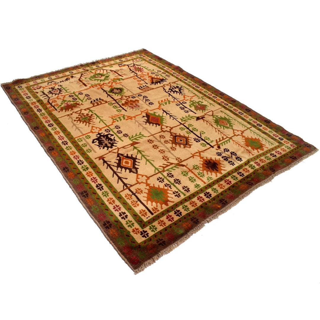 Tan Afghan Oriental Rug 5' 8" x 7' 5" Hand-Knotted | No. AL71454