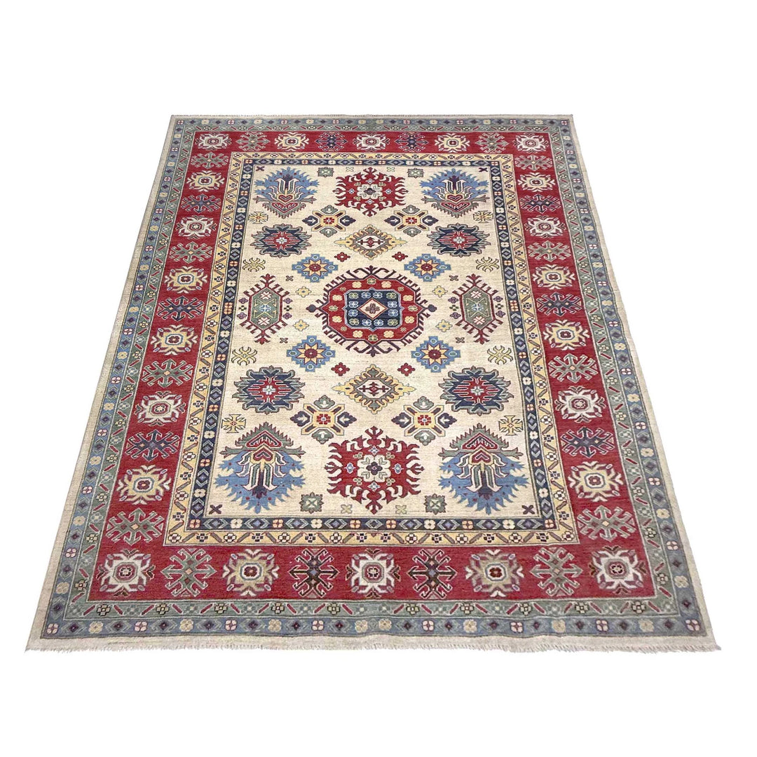 Beige Afghan Kazak Rug 6' 6" x 10' 0" Hand-Knotted | No. AL71456