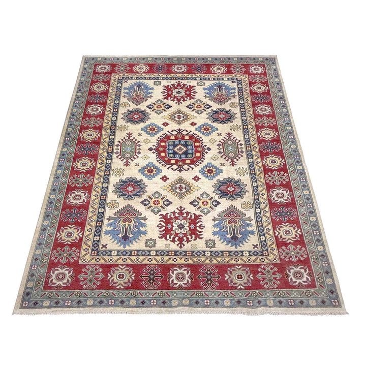 Beige Afghan Kazak Rug 6' 6" x 10' 0" Hand-Knotted | No. AL71456