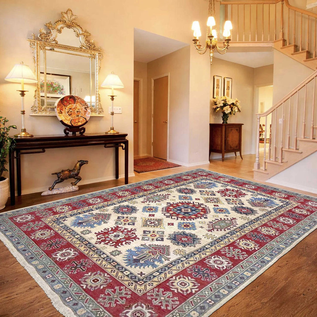Beige Afghan Kazak Rug 6' 6" x 10' 0" Hand-Knotted | No. AL71456