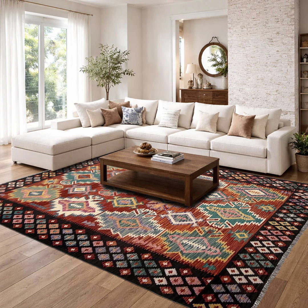 Afghan Vegetable Kilim Rug 6' 7" x 9' 9" Flat-Weave | No. AL71504