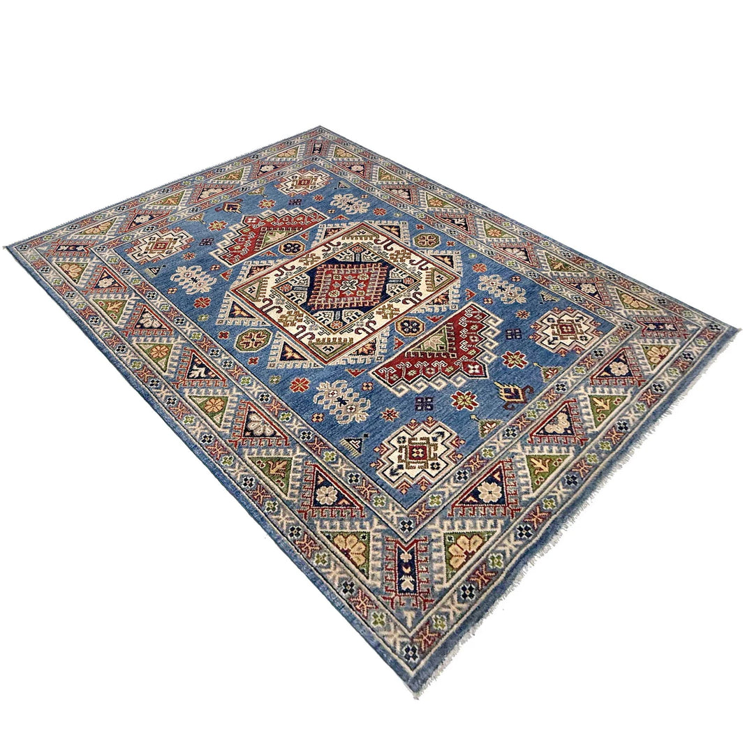 Blue Afghan Kazak Rug 5' 0" x 6' 11" Hand-Knotted | No. AL71735