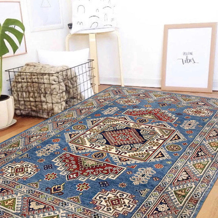 Blue Afghan Kazak Rug 5' 0" x 6' 11" Hand-Knotted | No. AL71735